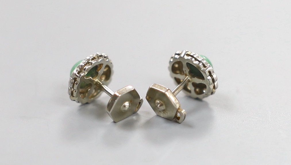 A pair of 14k, simulated jade and diamond cluster set ear studs, 10mm, gross weight 3 grams.